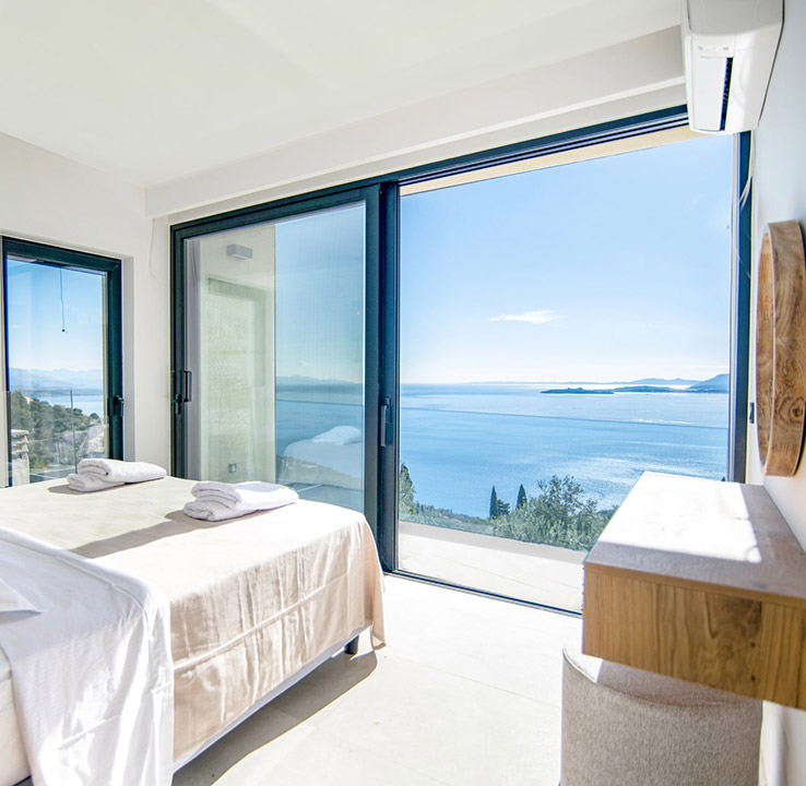 Modern bedroom with Ionian Sea view